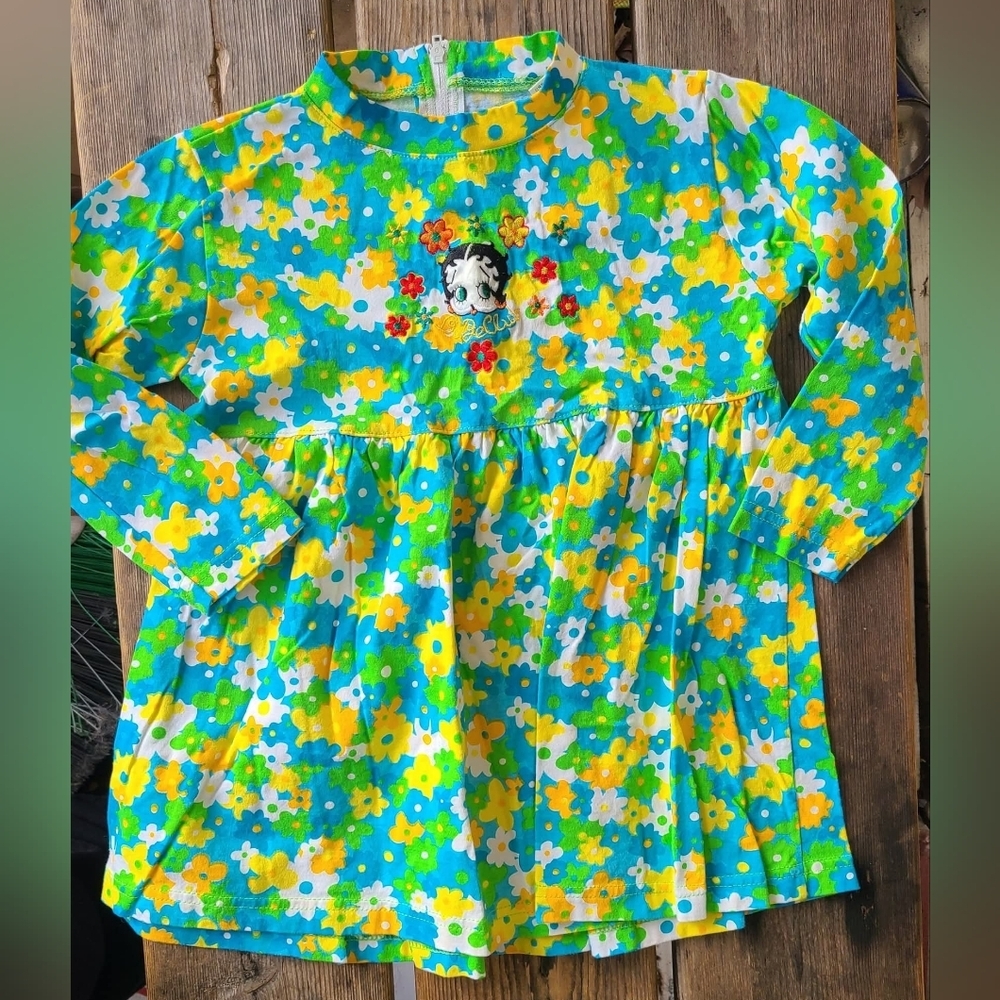 BETTY BOOP SZ 120 / 6Y VGUC GREEN WHITE YELLOW FLORAL print BETTY BOOP  Dress